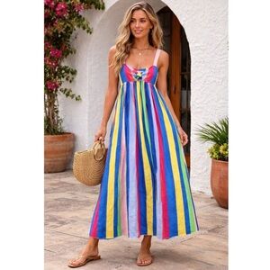 Mara Hoffman Linen Brushstroke Rainbow Striped Tie Front Midi Dress size 0